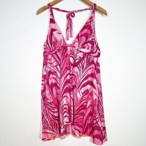 On Gossamer Fuchsia Pink Feather Print Babydoll Chemise Slip Dress Womens L